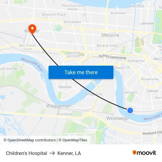 Children's Hospital to Kenner, LA map