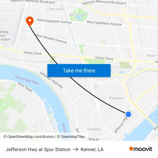 Jefferson Hwy at Spur Station to Kenner, LA map