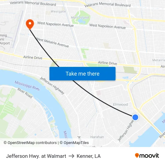 Jefferson Hwy. at Walmart to Kenner, LA map