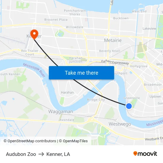 Audubon Zoo to Kenner, LA map