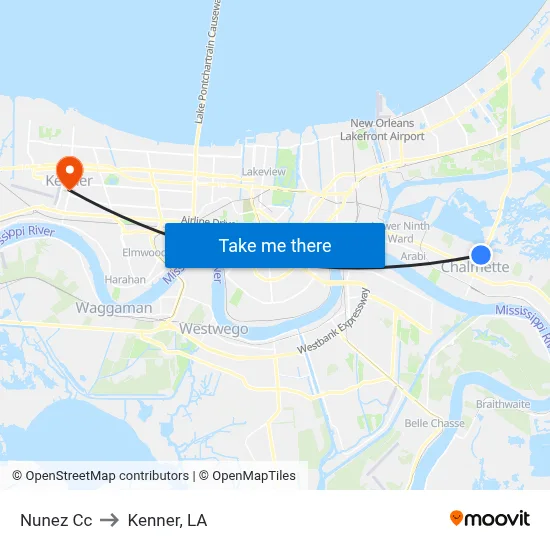 Nunez Cc to Kenner, LA map