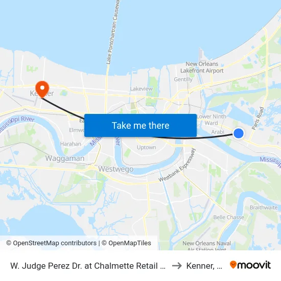 W. Judge Perez Dr. at Chalmette Retail Ctr. to Kenner, LA map