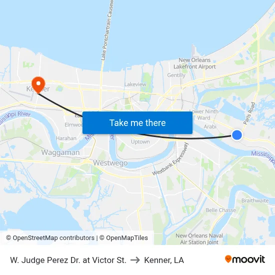 W. Judge Perez Dr. at Victor St. to Kenner, LA map