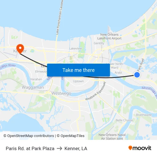 Paris Rd. at Park Plaza to Kenner, LA map