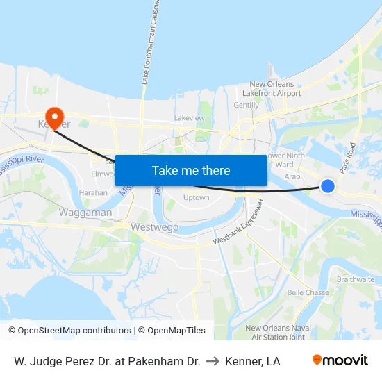 W. Judge Perez Dr. at Pakenham Dr. to Kenner, LA map
