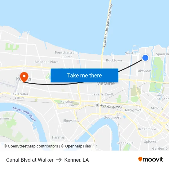 Canal Blvd at Walker to Kenner, LA map