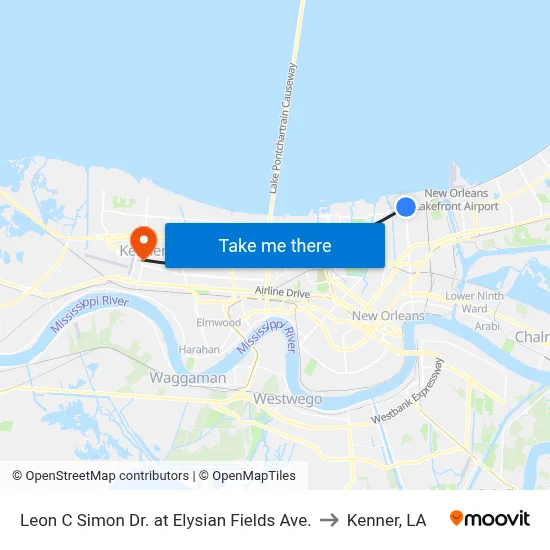 Leon C Simon Dr. at Elysian Fields Ave. to Kenner, LA map