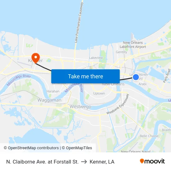N. Claiborne Ave. at Forstall St. to Kenner, LA map