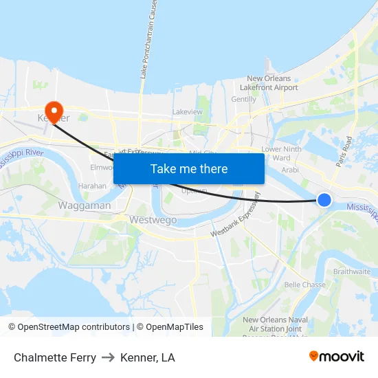 Chalmette Ferry to Kenner, LA map