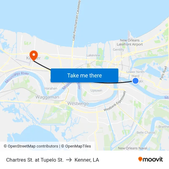 Chartres St. at Tupelo St. to Kenner, LA map