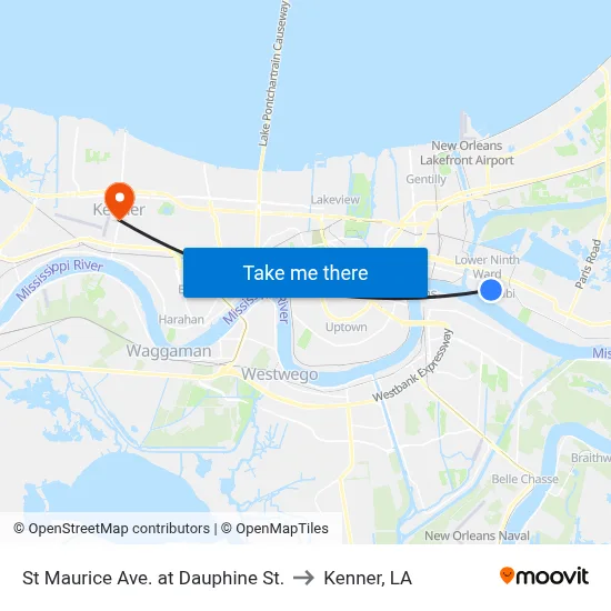 St Maurice Ave. at Dauphine St. to Kenner, LA map