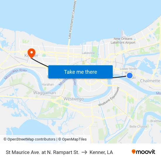 St Maurice Ave. at N. Rampart St. to Kenner, LA map