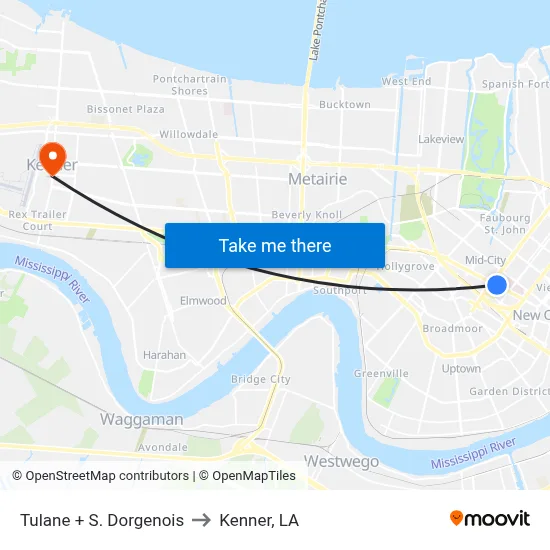 Tulane + S. Dorgenois to Kenner, LA map