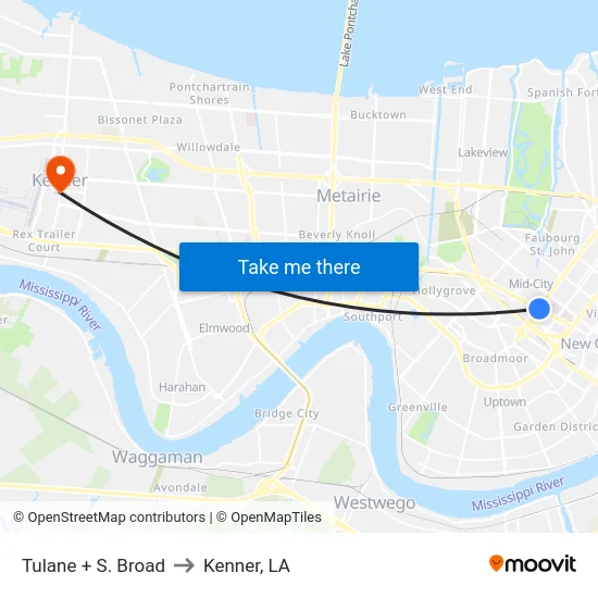 Tulane + S. Broad to Kenner, LA map