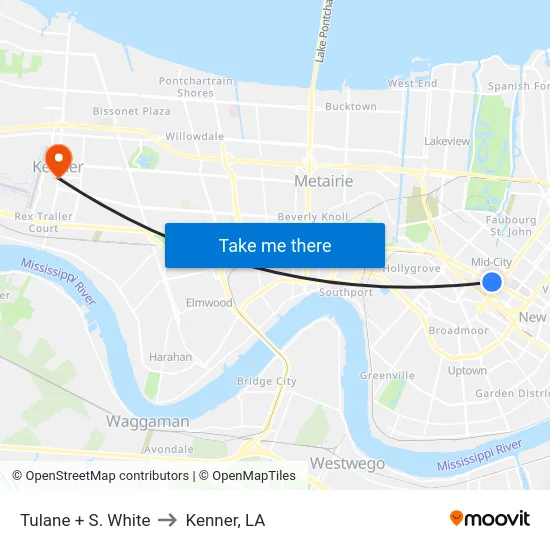 Tulane + S. White to Kenner, LA map
