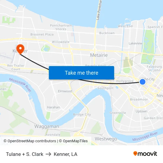 Tulane + S. Clark to Kenner, LA map