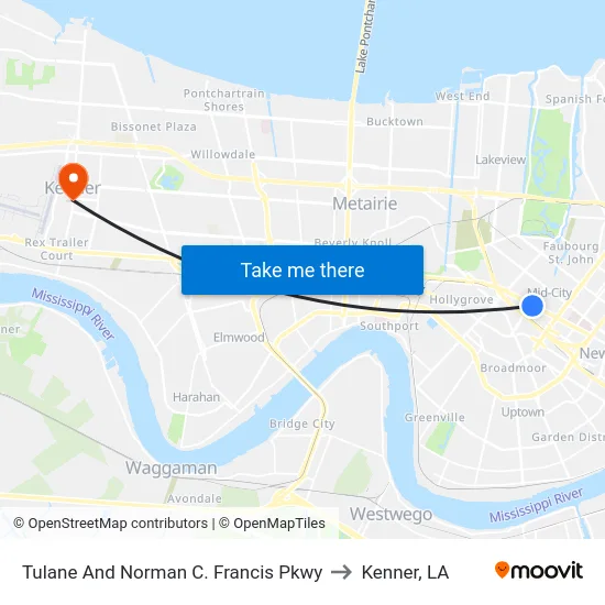 Tulane And Norman C. Francis Pkwy to Kenner, LA map
