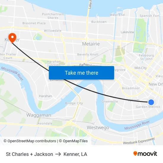 St Charles + Jackson to Kenner, LA map