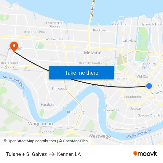 Tulane + S. Galvez to Kenner, LA map