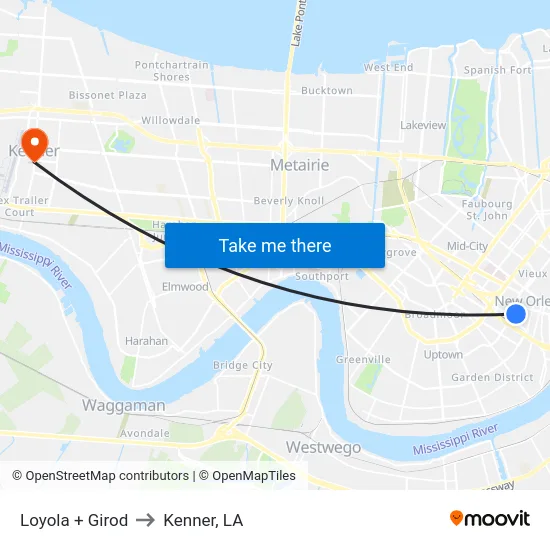 Loyola + Girod to Kenner, LA map