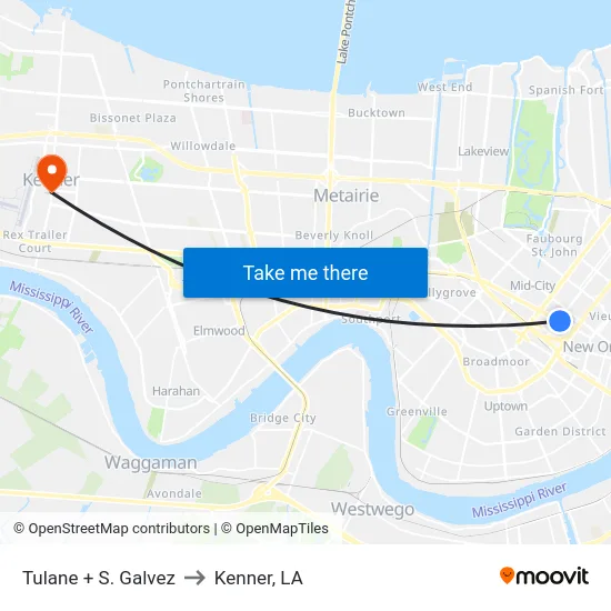 Tulane + S. Galvez to Kenner, LA map