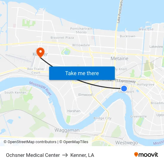 Ochsner Medical Center to Kenner, LA map