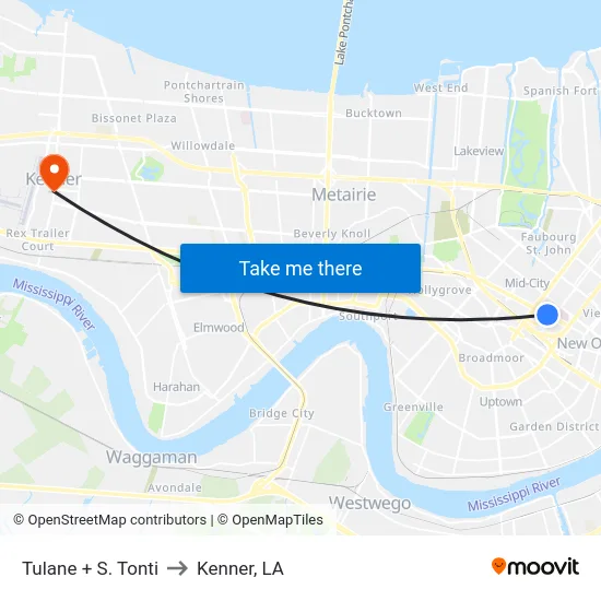 Tulane + S. Tonti to Kenner, LA map