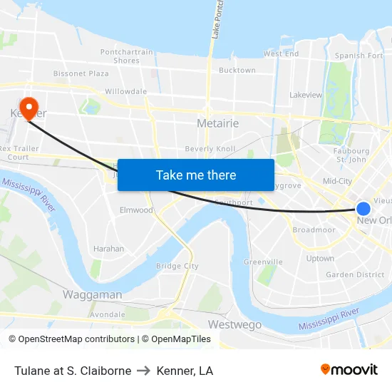 Tulane at S. Claiborne to Kenner, LA map