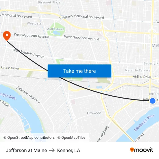 Jefferson at Maine to Kenner, LA map