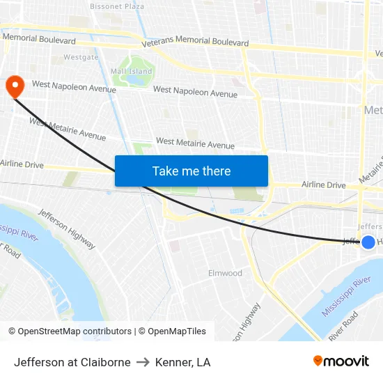 Jefferson at Claiborne to Kenner, LA map