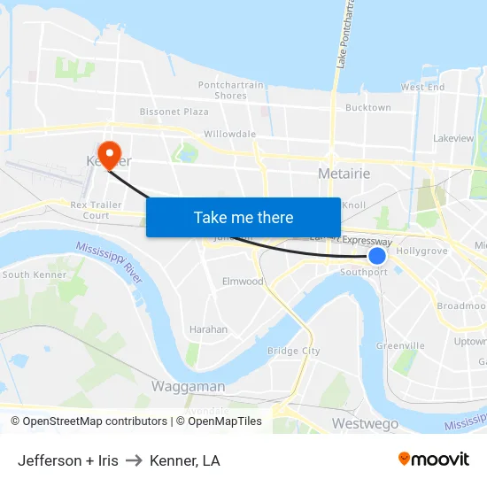 Jefferson + Iris to Kenner, LA map