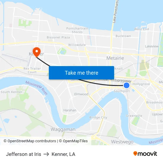 Jefferson at Iris to Kenner, LA map