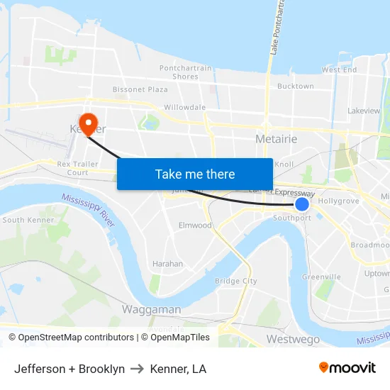 Jefferson + Brooklyn to Kenner, LA map