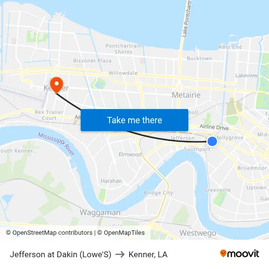 Jefferson at Dakin (Lowe'S) to Kenner, LA map
