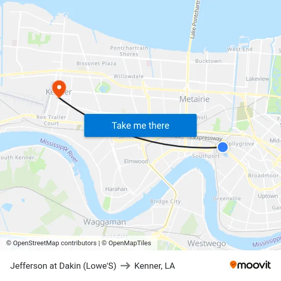 Jefferson at Dakin (Lowe'S) to Kenner, LA map