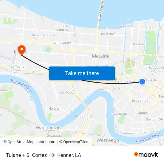 Tulane + S. Cortez to Kenner, LA map