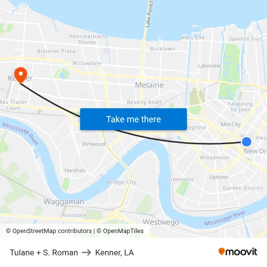 Tulane + S. Roman to Kenner, LA map