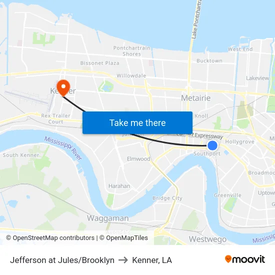 Jefferson at Jules/Brooklyn to Kenner, LA map