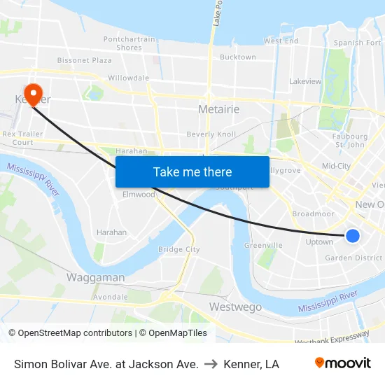 Simon Bolivar Ave. at Jackson Ave. to Kenner, LA map