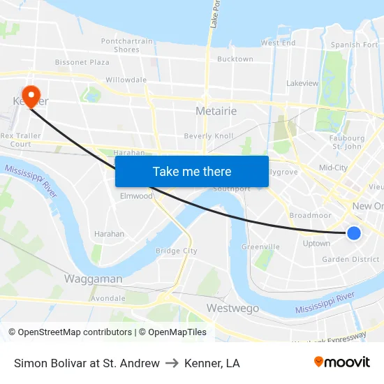 Simon Bolivar at St. Andrew to Kenner, LA map