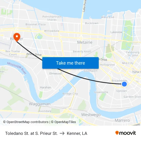 Toledano St. at S. Prieur St. to Kenner, LA map