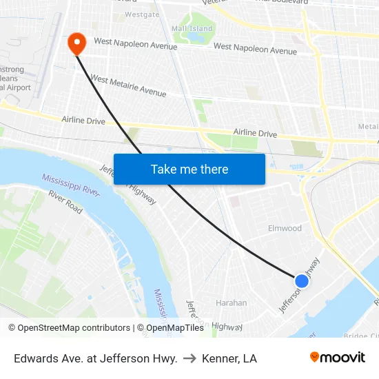 Edwards Ave. at Jefferson Hwy. to Kenner, LA map