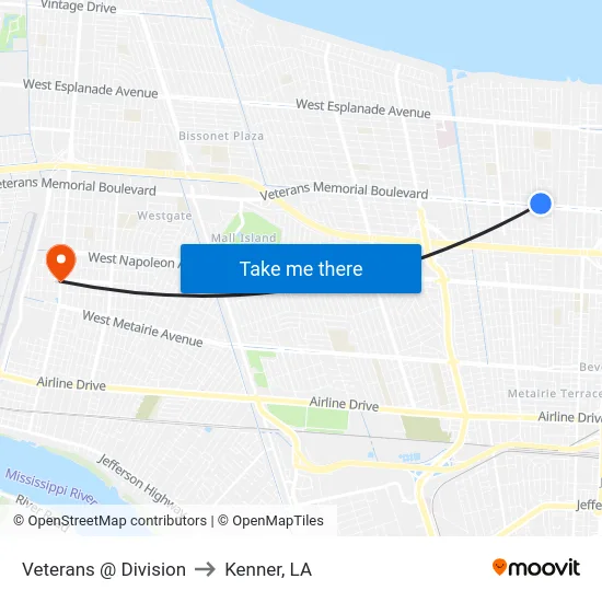 Veterans @ Division to Kenner, LA map