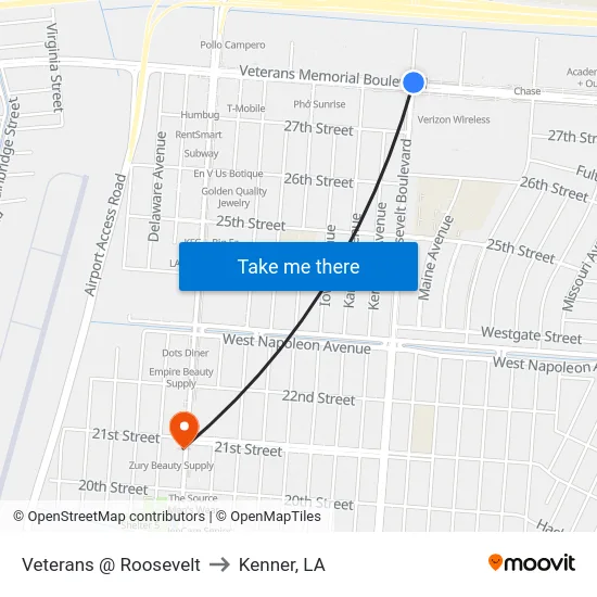 Veterans @ Roosevelt to Kenner, LA map