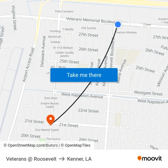 Veterans @ Roosevelt to Kenner, LA map