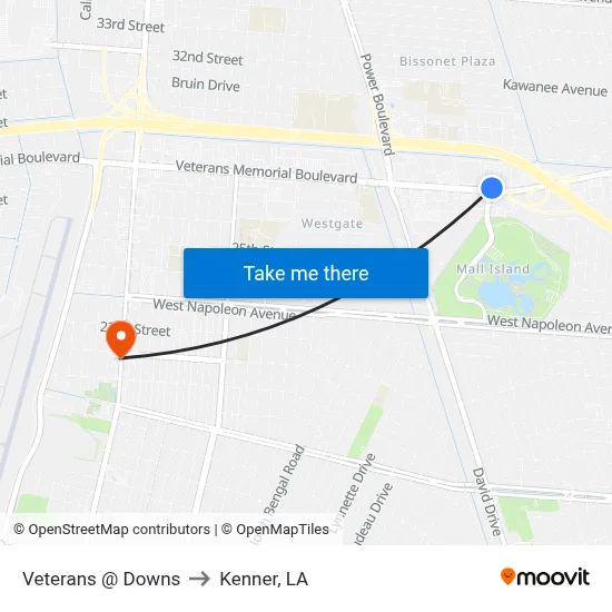 Veterans @ Downs to Kenner, LA map