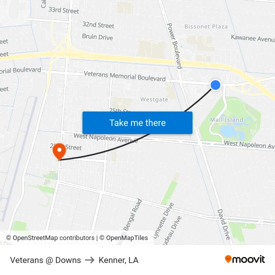 Veterans @ Downs to Kenner, LA map