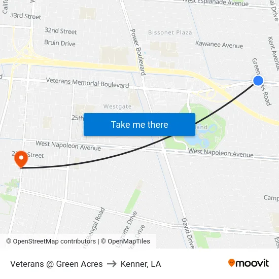 Veterans @ Green Acres to Kenner, LA map