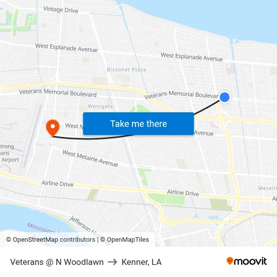 Veterans @ N Woodlawn to Kenner, LA map