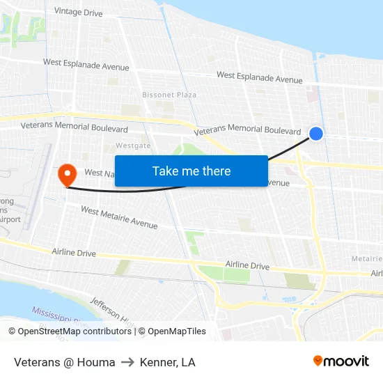 Veterans @ Houma to Kenner, LA map